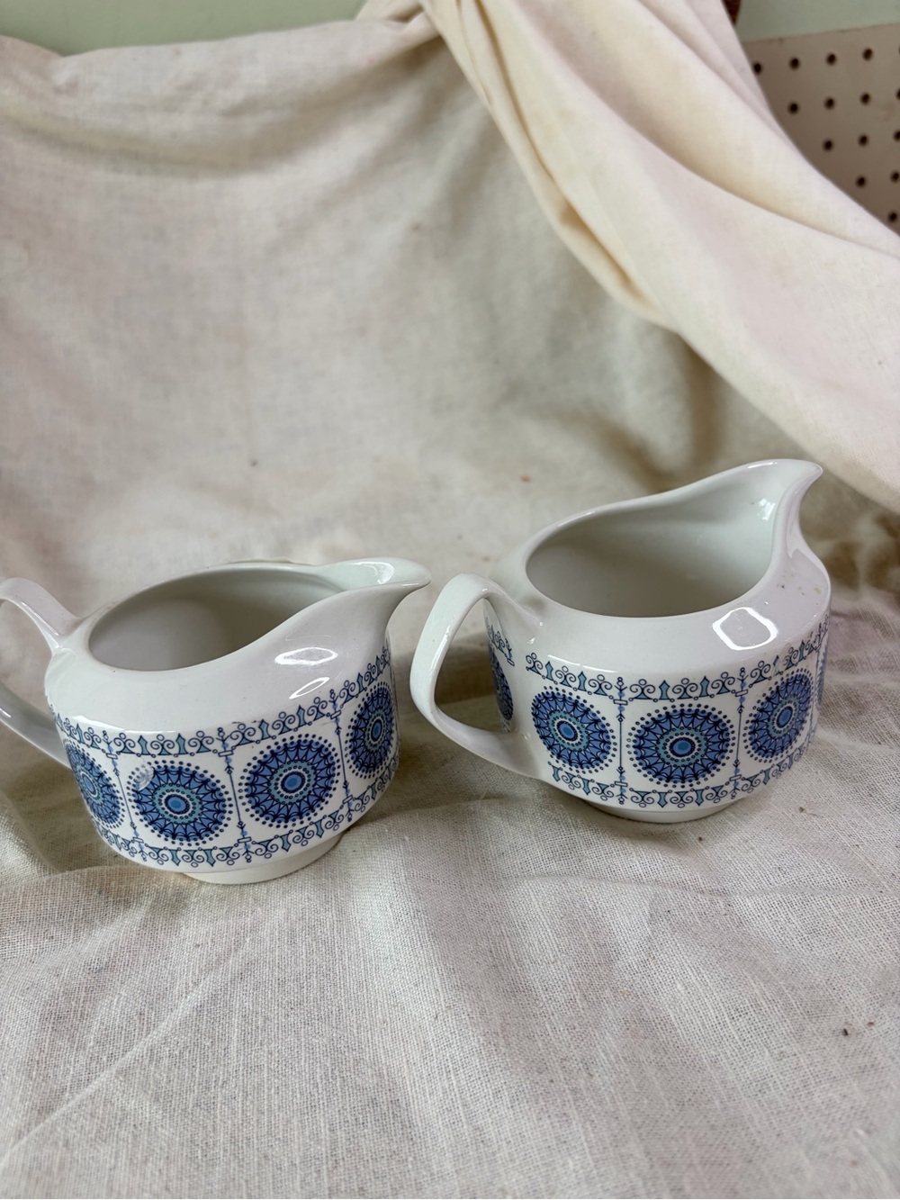 Blue Medallion Ceramic Creamer Pitcher Pair